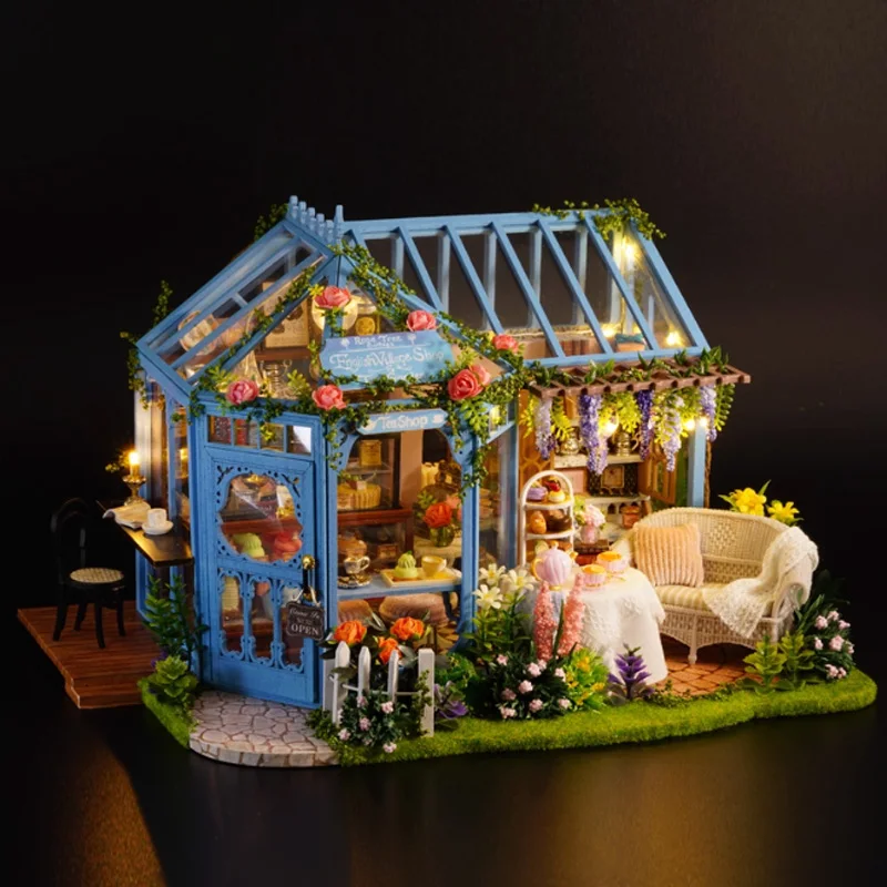 Casa de chá para jardim de rosas, modelo de montagem de madeira, cena em miniatura artesanal, casa de arte vintage, brinquedos educativos colecionáveis