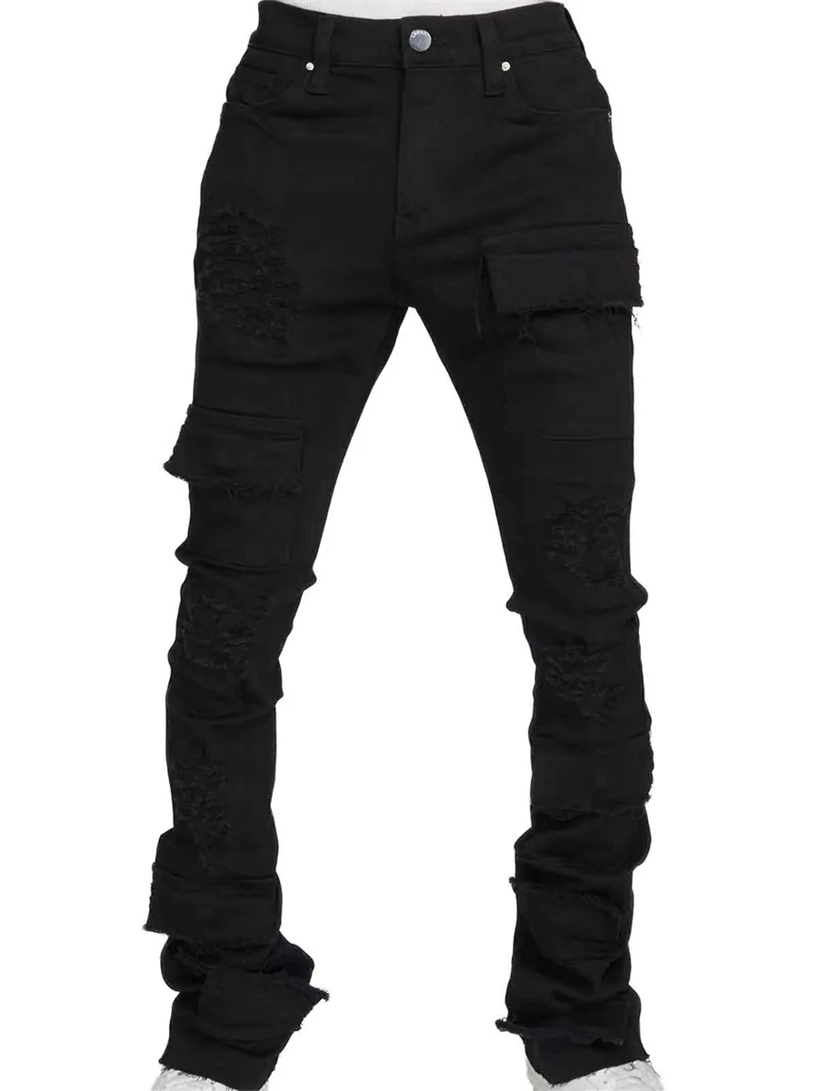 

Men Ripped Denim Pants Distressed Skinny Cargo Pants Casual Trousers with Pockets for Streetwear