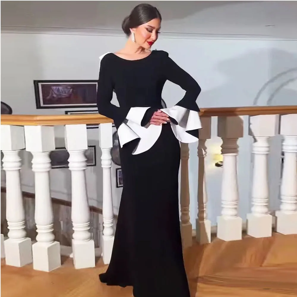 Elegante zwarte o-hals lange mouwen galajurken vloerlengte rug met kralen formele feestavondjurk