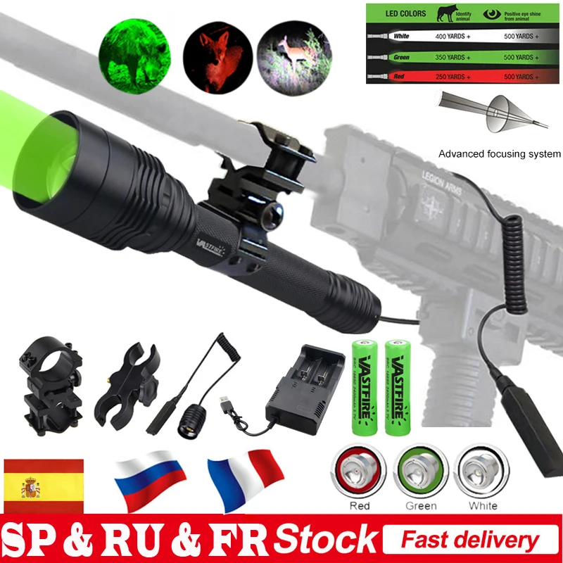 XRE Red Green White Predator Flashlight LED Tactical Zoomable Focus Adjustable Torch for Hunting Camoing Fishing Coyote Varmint