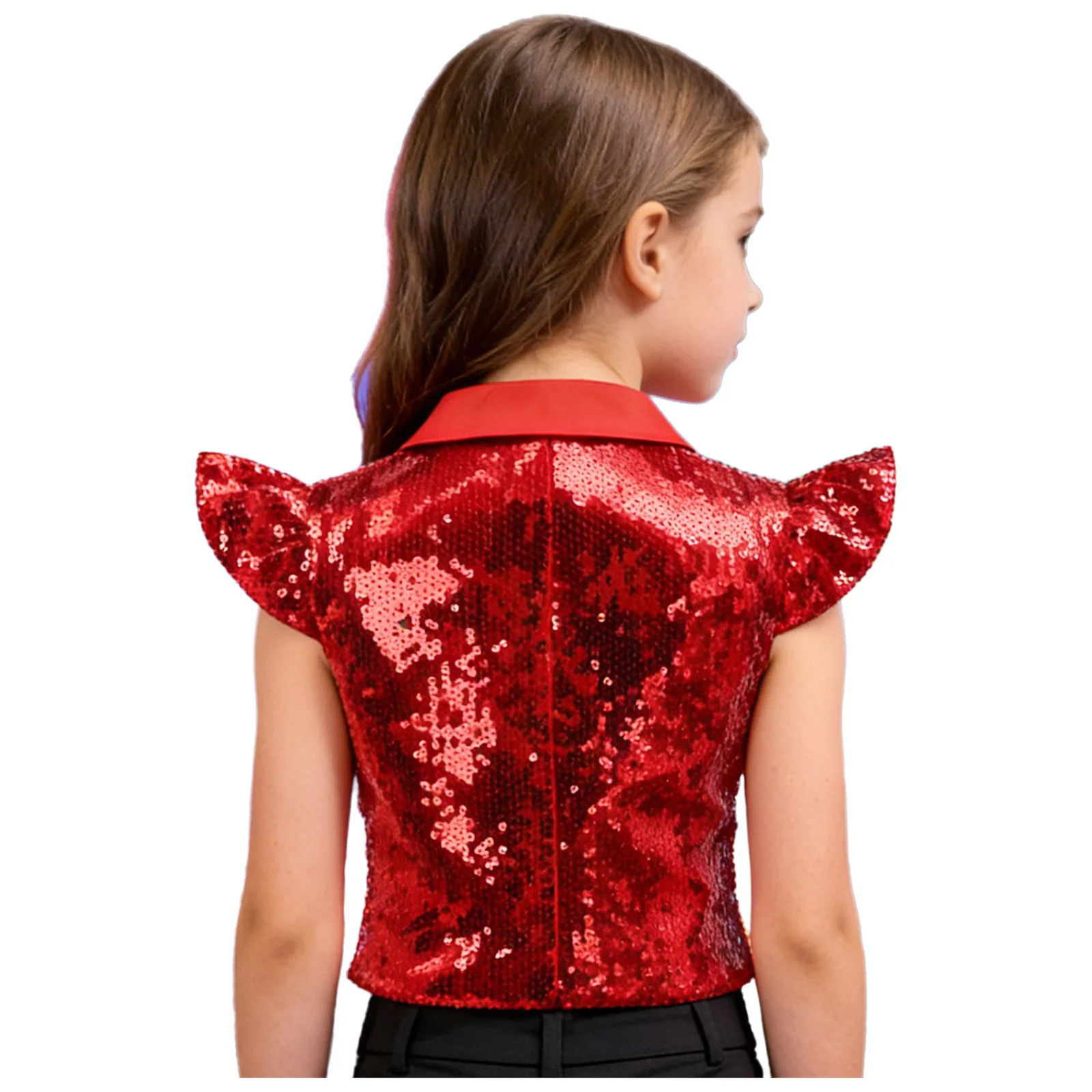 

Детский жилет для девочек с блестками и пайетками, для джазовых и хип-хоп танцев, дискотек, выступлений, с рукавами-крылышками, отложным воротником, на пуговицах, металлический, укороченный