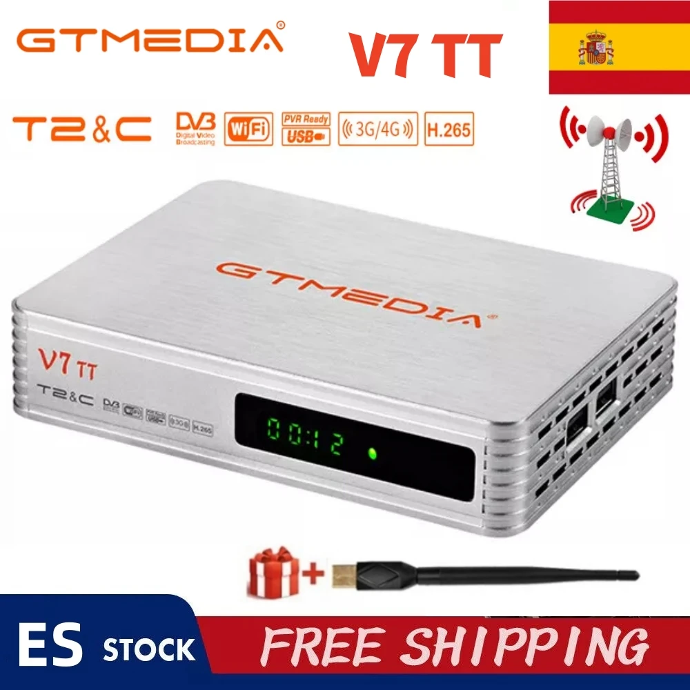 GTMEDIA V7 TT DVB-T2 Terrestrial TV Receiver H.265 HEVC 10Bit,TDT T2 HD España TV receptor Decoder Box With USB WIFI For Spain