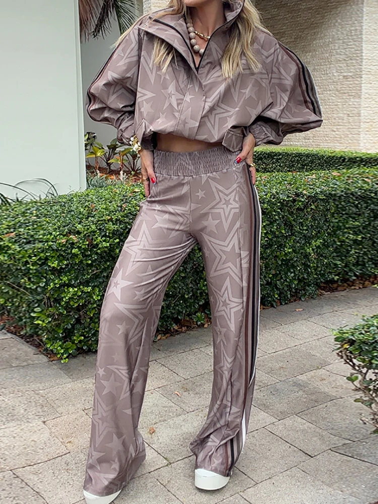 Damen-Set mit Urlaubsdruck, Patchwork-Mantel mit Reißverschluss, lässige Streetwear, zweiteiliges Set mit ausgestellter Hose, schlichtes Damen-Outfit