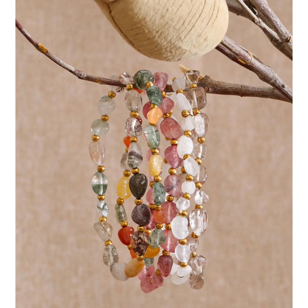 Yhpup Stainless Steel Handmade Beads Bracelet Bangle Trending Strawberry Quartz Moonstone Adjustable Elastic Chain Wrist Jewelry