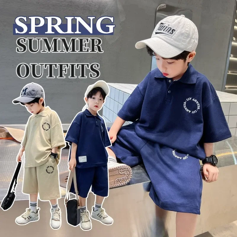 Summer Boys Cotton Loose Preppy Alphabet T-Shirt Tops+Shorts Pant School Kids 2PCS Tracksuit Children Outfit Workout Set 5-16 Yr