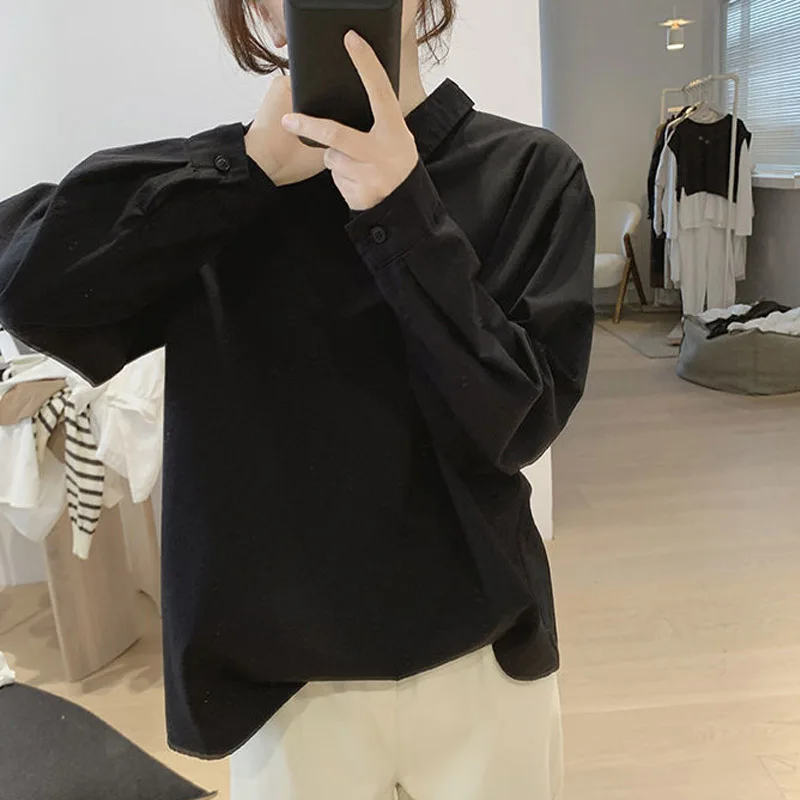 Simplicity Minority Design Solid Color Loose Blouse Women High-quality Long Sleeve Slim Korean Cotton Material Autumn Lady Shirt