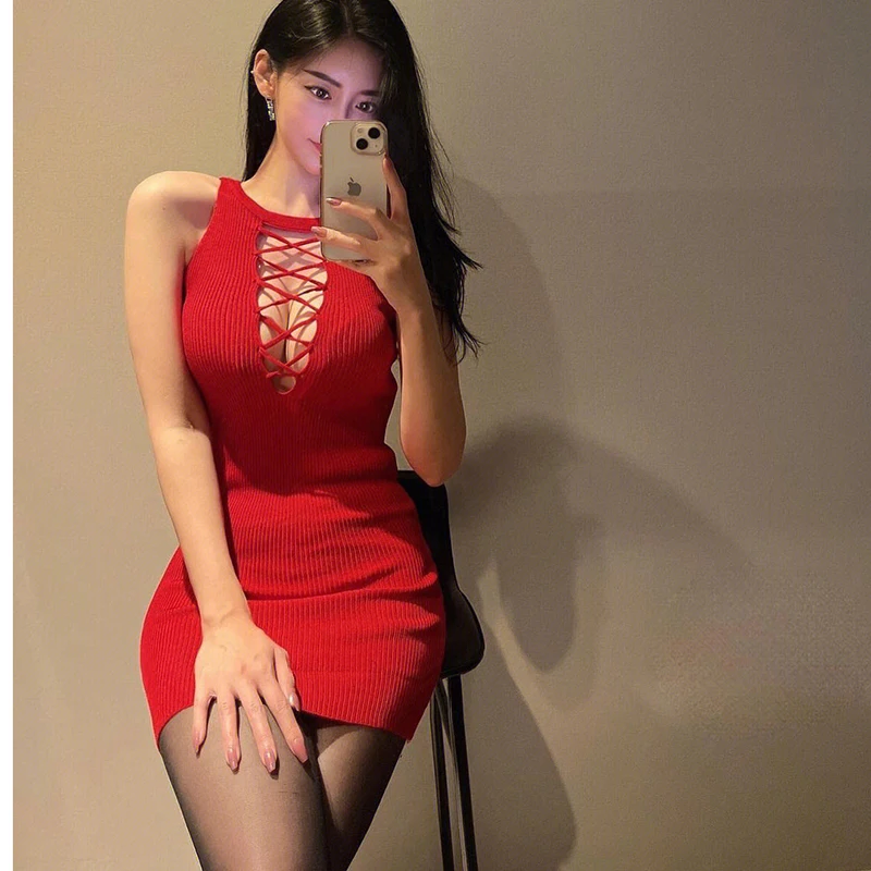 Sexy Knitted Dr Deep V Ne Cross Tie Waist Boting Cisas Aosphere Women's Faion Spring ort Skirt Commute Sle