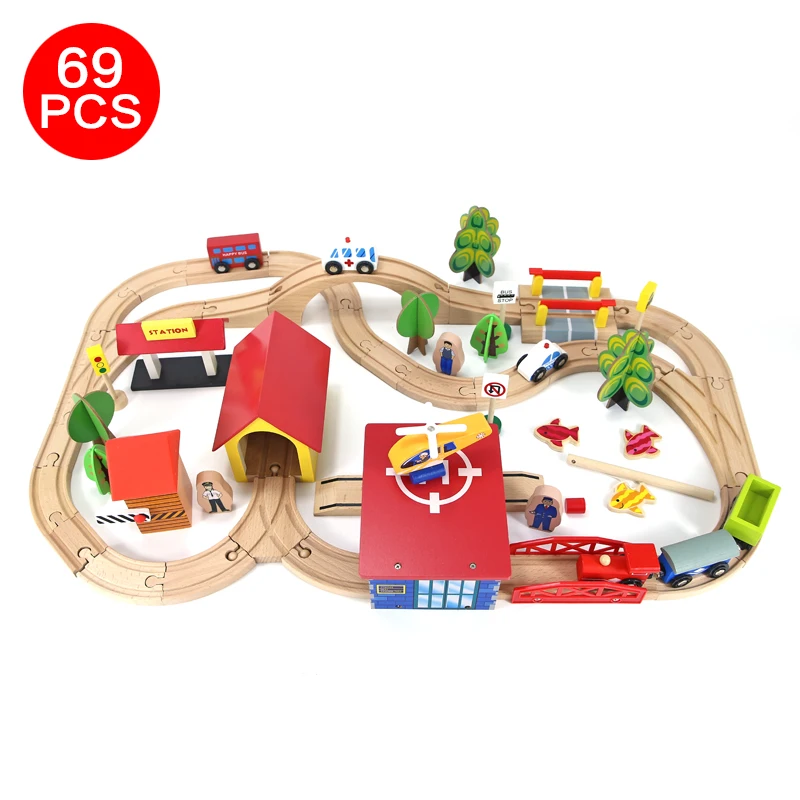 

Train Track Wooden Train Toys Set Police Car Locomotive Diecast Slot Fit All Wood Brand Railway Tracks helicopter For Kids