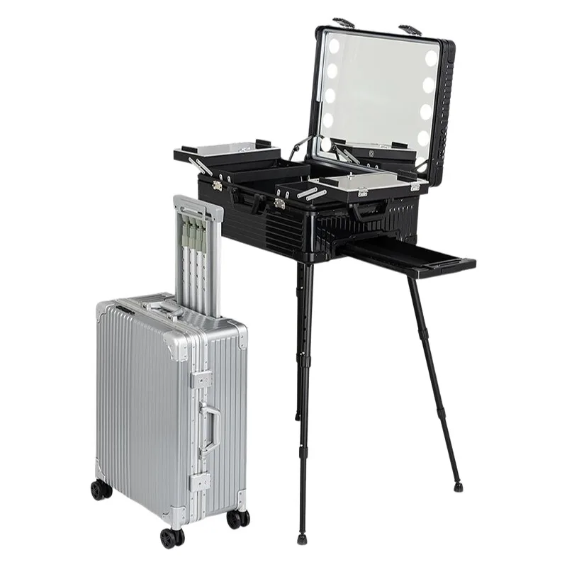 Professional Makeup Case with LED Lights 24-inch PC Cosmetic Artist Mobile Suitcase, Multifunctional Mobile Makeup Box