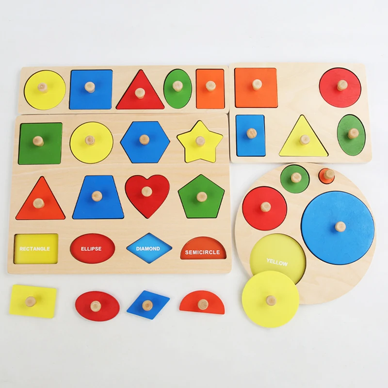 Montessori baby puzzle toys, wooden shape and color matching hand scratching board, geometric early education cognitive toys