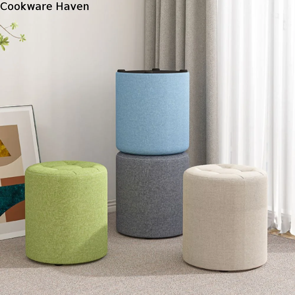 Multi-Purpose Round Low Stool Soft Portable Footrest Sturdy Breathable Textured Fabric Foot Stool Coffee Table