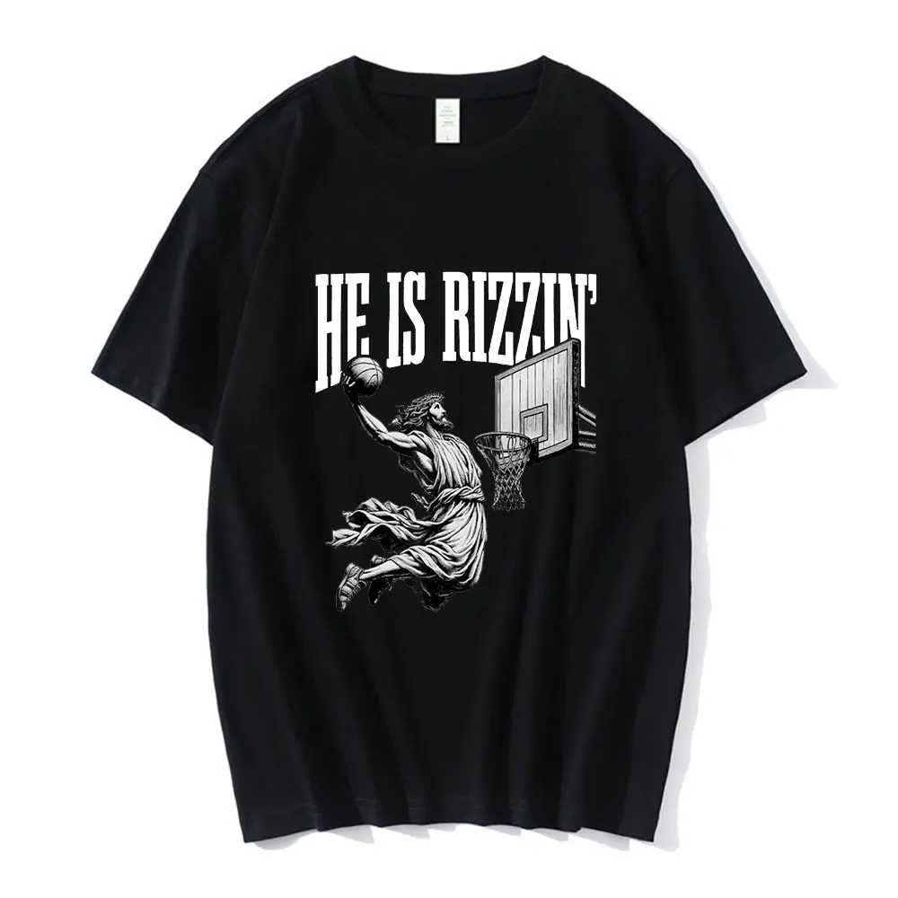 Divertente Baskerball Jesus Meme T Shirt Humor He Is Rizzin Christian Easter T-Shirt 100% cotone Casual T-Shirt oversize Streetwear