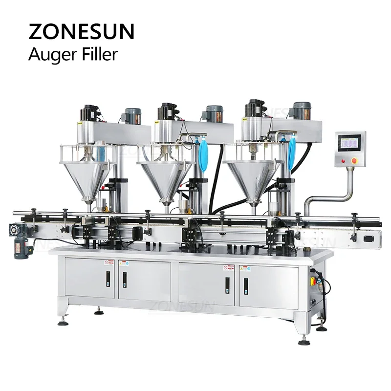 ZONESUN-máquina de llenado de polvo automática, servomotor de 3 cabezales, tarros de botellas de llenado de barrena, harina, leche, Chile, producción de café, ZS-FM4A