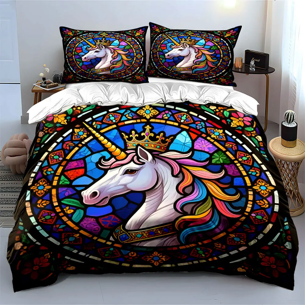 Stained Glass Unicorn with Crown Print Soft Comfortable Duvet Cover Bedding Set Included 1*Duvet Cover 2*Pillowcases 3