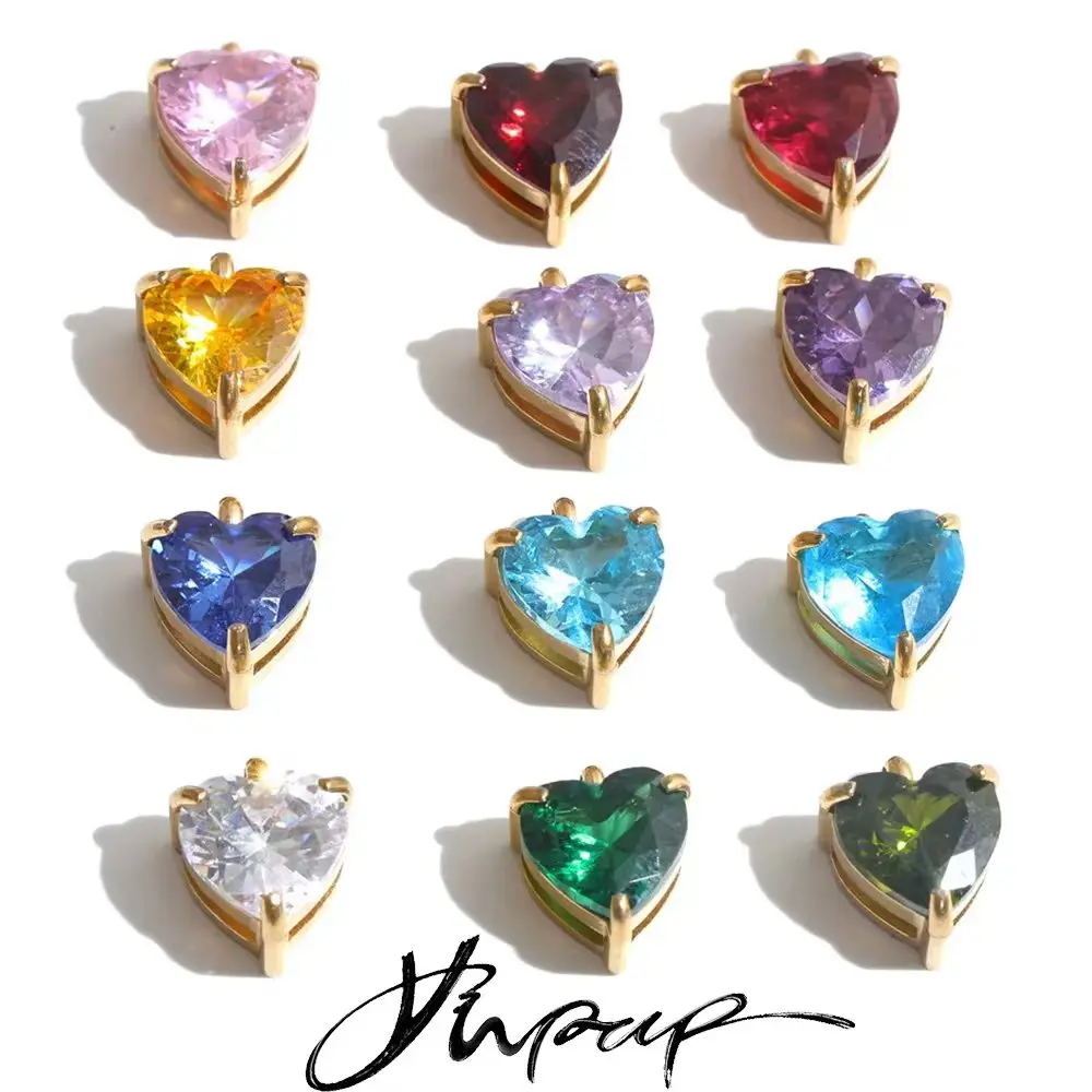 Yhpup 1PC Stainless Steel Colorful Cubic Zirconia Heart Love Charm Pendant DIY Accessories Casting Gold Color Jewelry