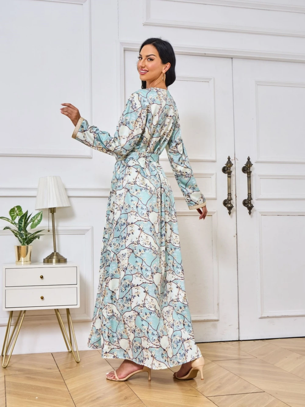 Abaya Vintage Printing Long Women Evening Dress Elegant Customized Chic V Neck A Line Dubai Robe In Stock Party Prom Gown