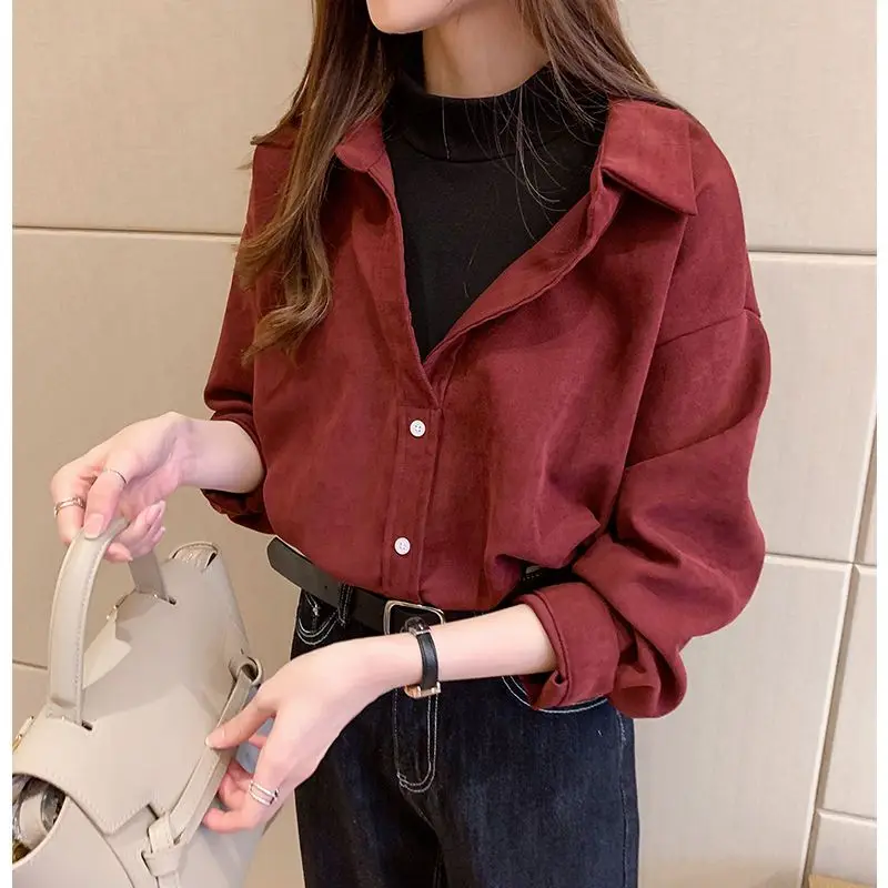 Fake Two Shirts for Women\'s Autumn Winter New Vintage Corduroy All-match Contrast Loose Shirt Tops Fashion Street Casual Clothes