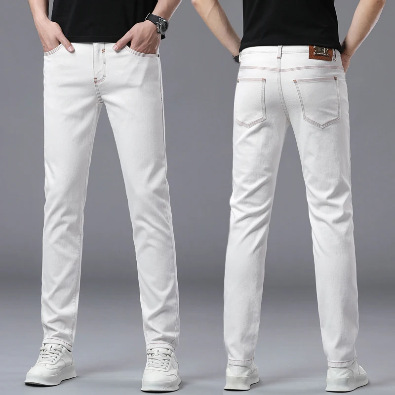 D625 High-end summer new thin section jeans champagne white Slim stretch versatile small straight trousers