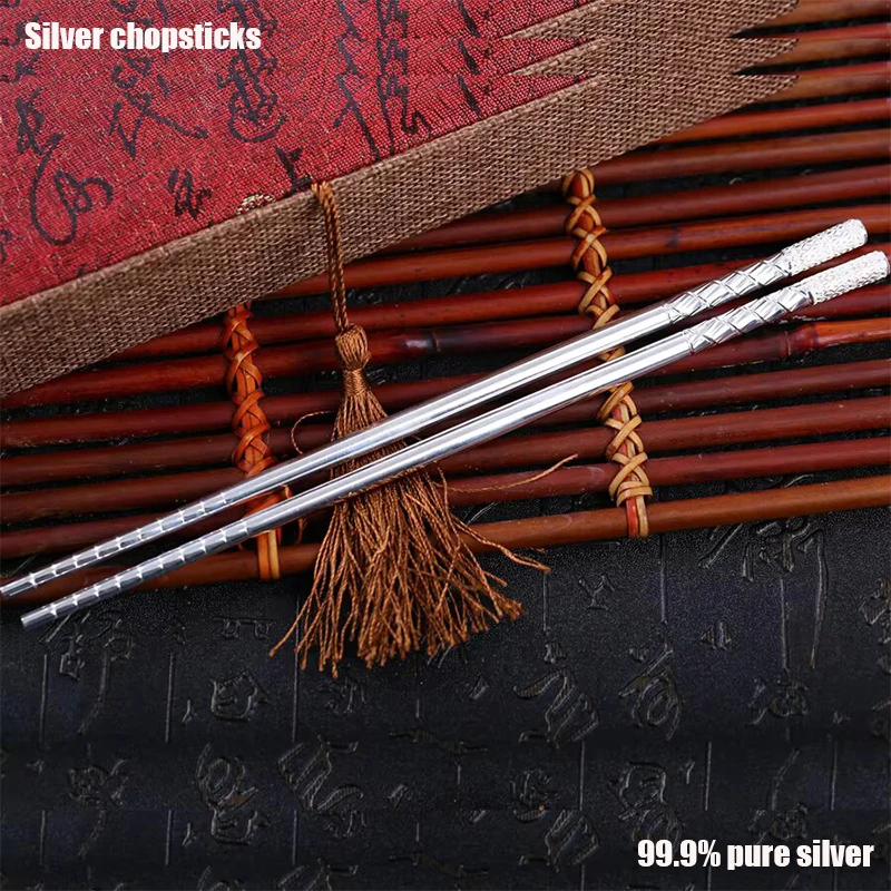 1 Pair S999 Sterling Silver Reusable Chopsticks Cutlery Set Non-Slip Household Metal Chinese Style Dining Utensils