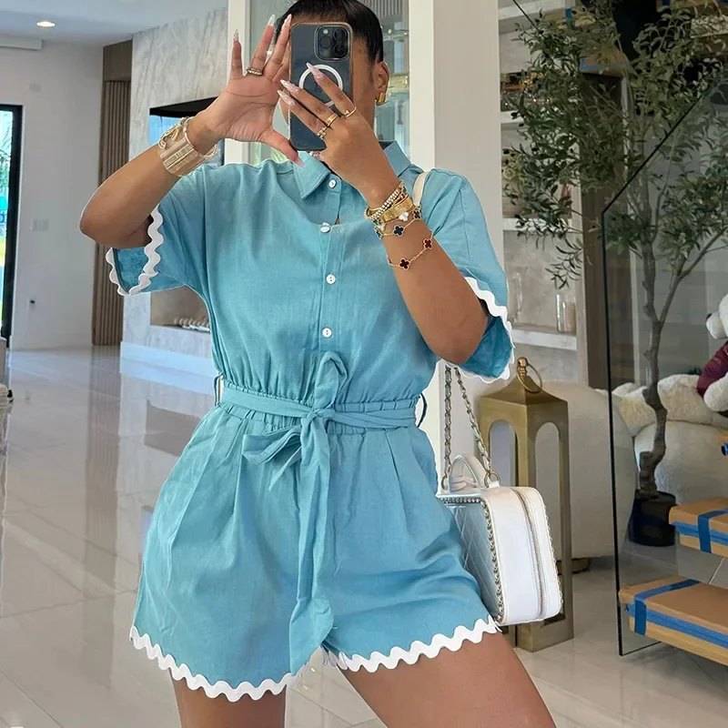 스트리트웨어 원피스 롬퍼 여성 점프수트 여름옷 턴다운 칼라 버튼업 캐주얼 플레이수트 휴가복 새시