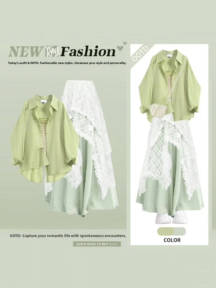 

Spring Summer Korean Style Women's Dopaamine Sun Protection Shirt Stripe Strap Wide Leg Pants Layered Lace Dress Four Piece Set