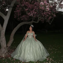 Light Sage Green Off The Shoulder Appliques Tulle Quinceanera Dresses Ball Gown Sweet Sixteen Dress Wedding Gowns vestidos de 15