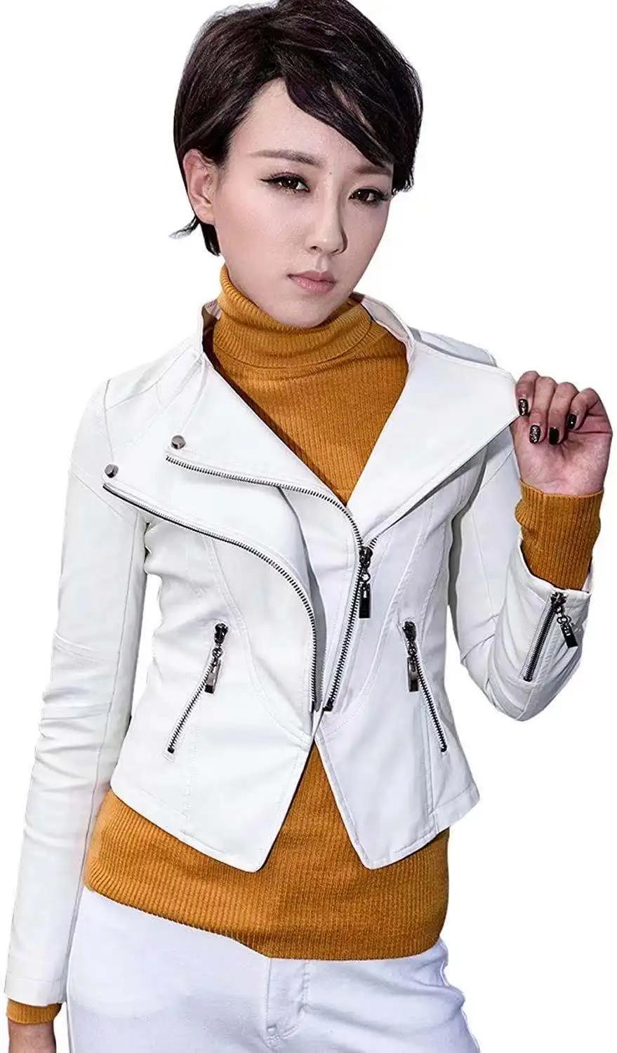 Women's Leather Jacket European and American Fashion Motorcycle Slim Short Leather Jacket Zipper
