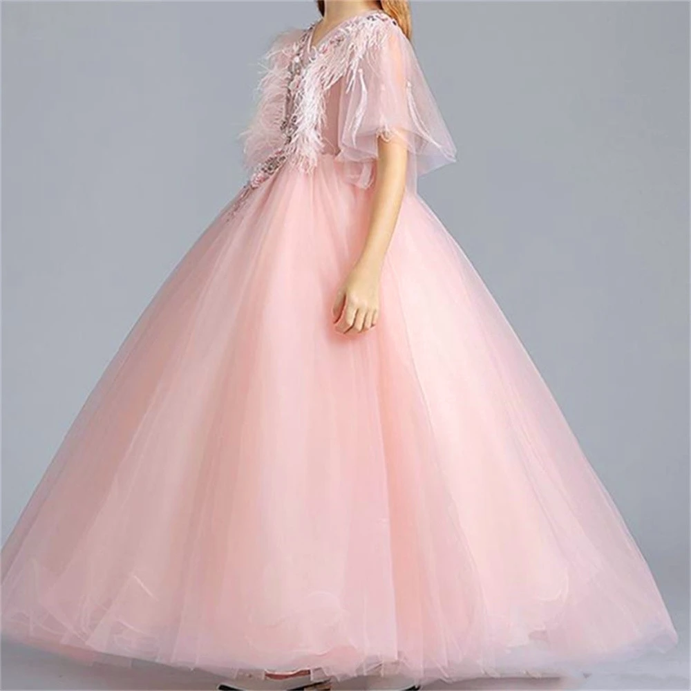 Flower Girl Dress  Princess Ball First Communion Dresses Elegant Pink Tulle Lace Kids Birthday Present Lovely Baby Dresses