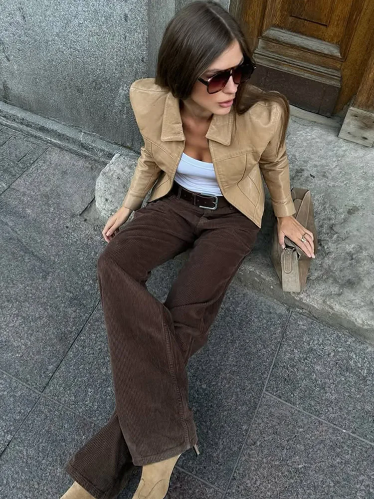 Abrigo de cuero para mujer, moda de otoño, nuevo cárdigan elegante con solapa, abrigos de manga larga para ir al trabajo diario, prendas de vestir exteriores cortas para mujer de calle alta