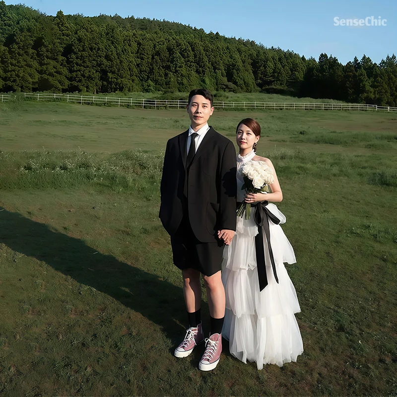 

Halter Wedding Dresses Korea Simple Sleeveless Tulle Photo Shoot Formal Bridal Gowns Tiered Puffy Reception Dress Customized