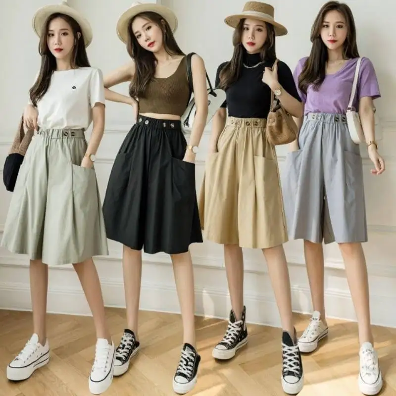 

Casual Loose Shorts High Waist Chic Front Pleats Shorts Wide Leg Pants Elegant Pants With Pocket