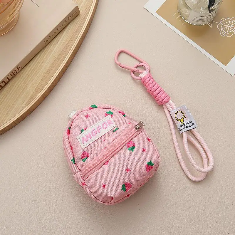 Strawberry Printed Backpack Coin Bag Cute Sweet Money Change Purse With Keychain Portable Earphone Storage Bag Wallet