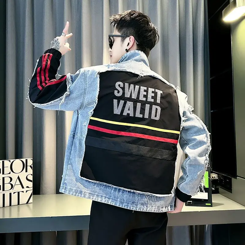 2025 autumn loose splicing striped men's denim stand-up collar new fashion trendy brand fashion casual