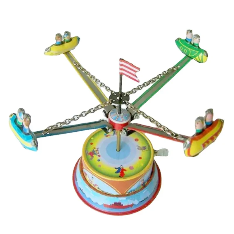 

[Funny] Adult Collection Retro Wind up toy Metal Tin amusement park Rotating plane windmil Mechanical Clockwork toy figures gift