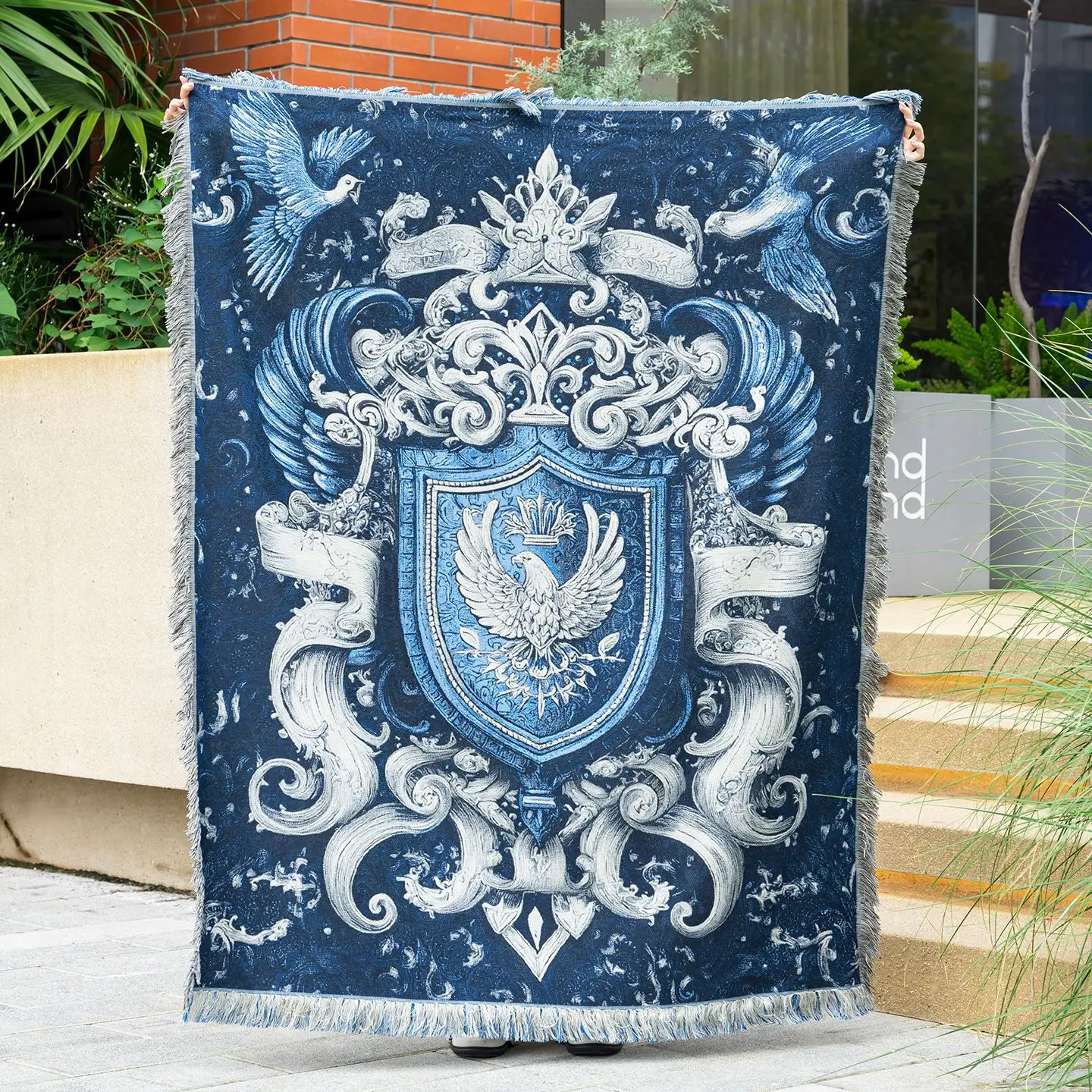 

Blue White Heraldic Eagle Blanket Medieval Tapestry Wall Hanging Gothic Style Sofa Cover Throw for Living Room Bedroom Decor