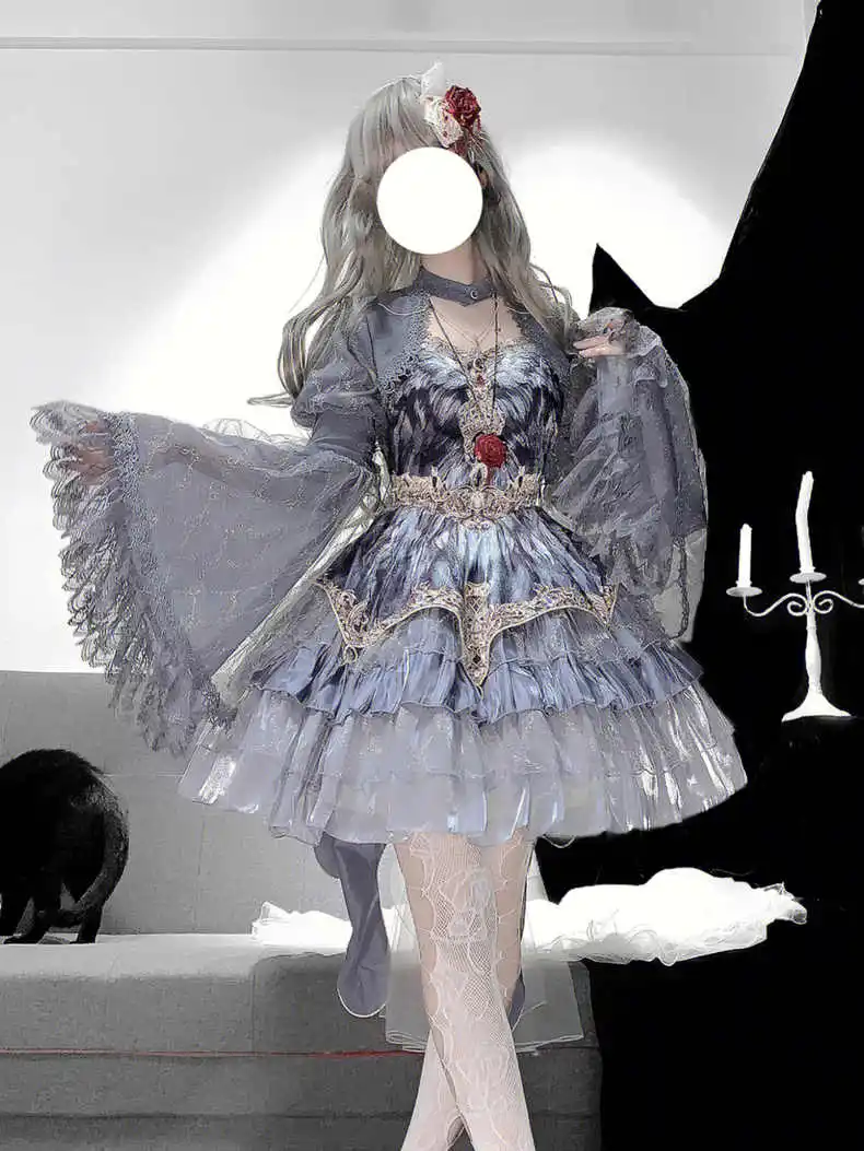 

Элегантное серое платье JSK в стиле Лолита с рукавами, высокой талией, юбкой А-силуэта, длинными рукавами, V-образным вырезом, в стиле принцессы для молодых женщин