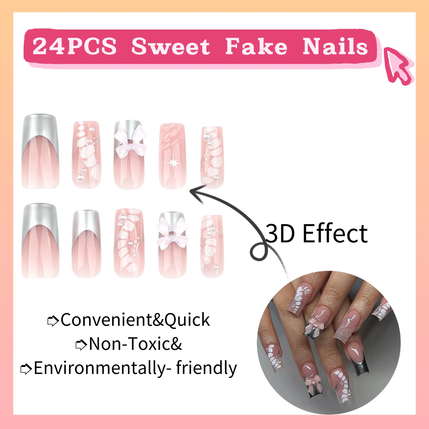 24 pçs remendos de unhas falsas quadradas médias com bowknots 3d design francês imprensa em unhas especiarias meninas wearable dicas de unhas falsas