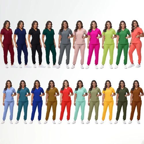 Imagen 2 del producto Uniformes elásticos de enfermera, Top con cuello en V, pantalones para correr, conjuntos de ropa de trabajo quirúrgica, traje de enfermería para dentista, traje de médico de Hospital S21