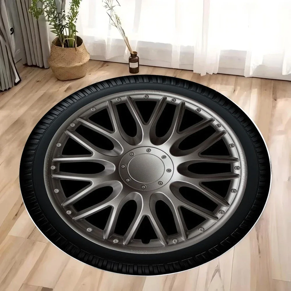 Tire-Shaped Round Car Rugs – Anti-Slip Floor Mat for Boys Bedroom, Living Room, Home Decor, Unique Coffee Table Accent