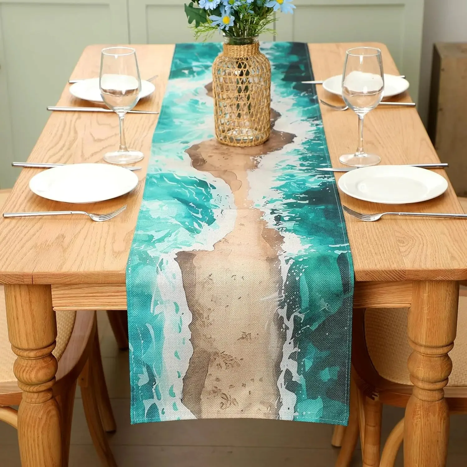 White Magnolia Floral Table Runner, Vertical Stripe Wood Grain Printed Fabric Table Scarf, Farmhouse Botanical Style Centerpiece