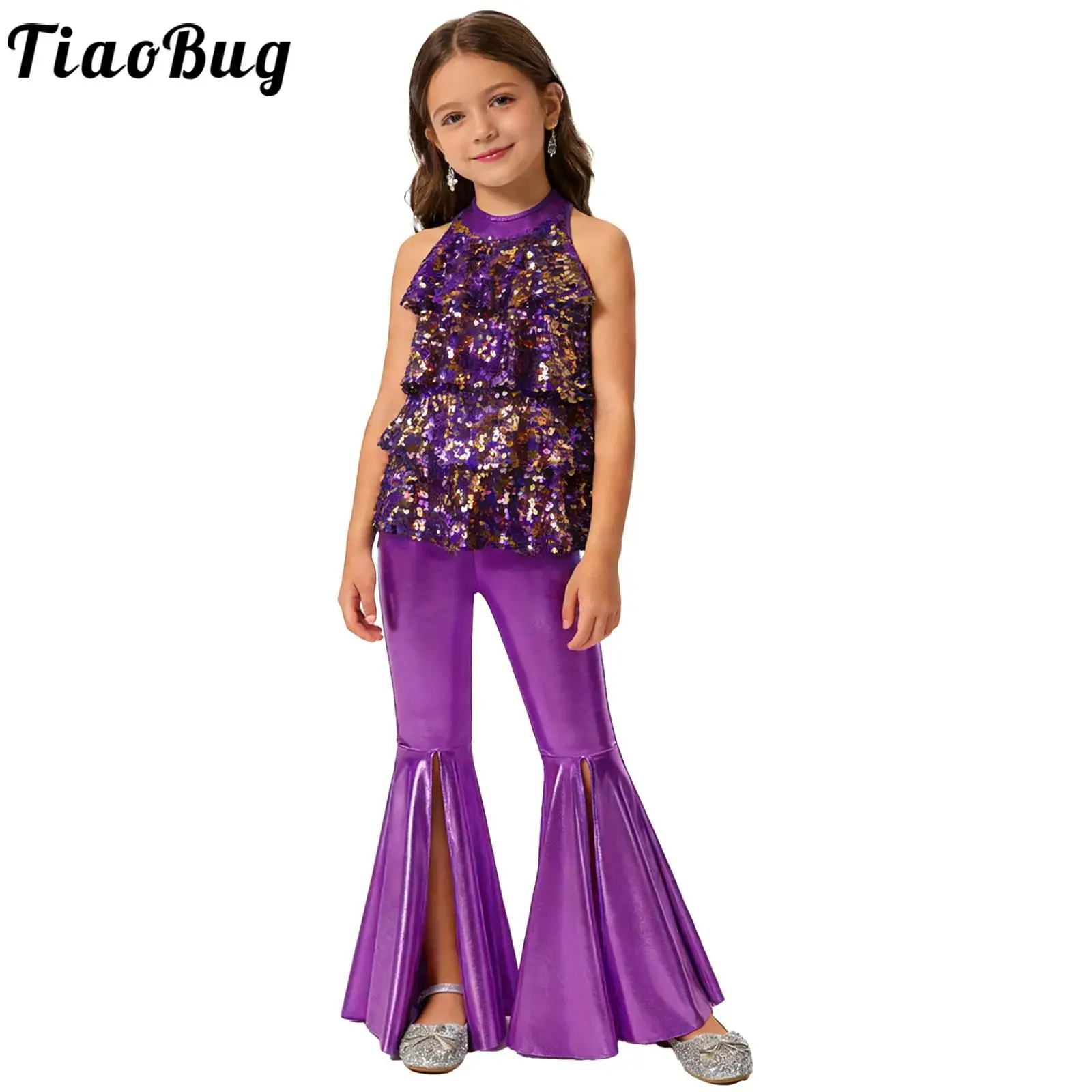 Kids Girls Metallic Jazz Dance Costume Halter Backless Shiny Sequins Dress Leotard with Bell-Bottom Pants Disco Party Dancewear