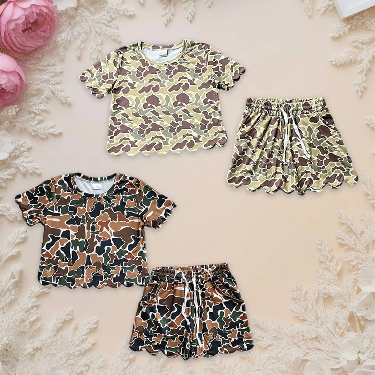 

Toddler Baby Girl Southern Camo Tops Shirts Sibling Scallop Shorts Clothes Sets Cute Kids Pajamas Outfits Children 2Pcs Sets