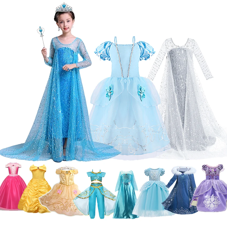 Girl Elsa Anna Dress Up Children Belle Snow White Jasmine Sofia Sleeping Beauty Fancy Halloween Costume Party Princess Disguise