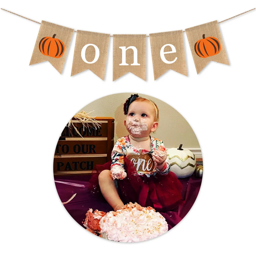 Kids First Birthday Burlap Banner Pumpkin One Design Party Decoration Hanging Garland Halloween Theme Pumpkin Bunting