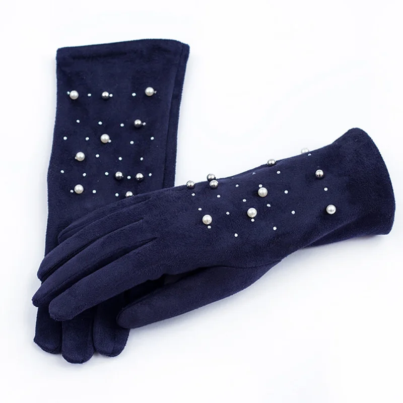 Women Winter Suede Leather Thick Plush Warm Driving Mitten Pearl Hot Drill Embroidered Flowers Touch Screen Cycling Glove O100