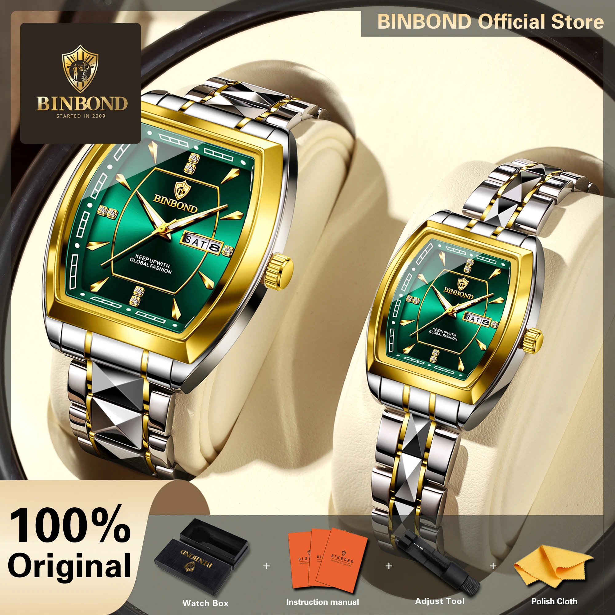 BINBOND Original Quartz Man Watch Waterproof Couple Watches Stainless Steel Luminous Luxury Reloj Hombre Relogio Masculino