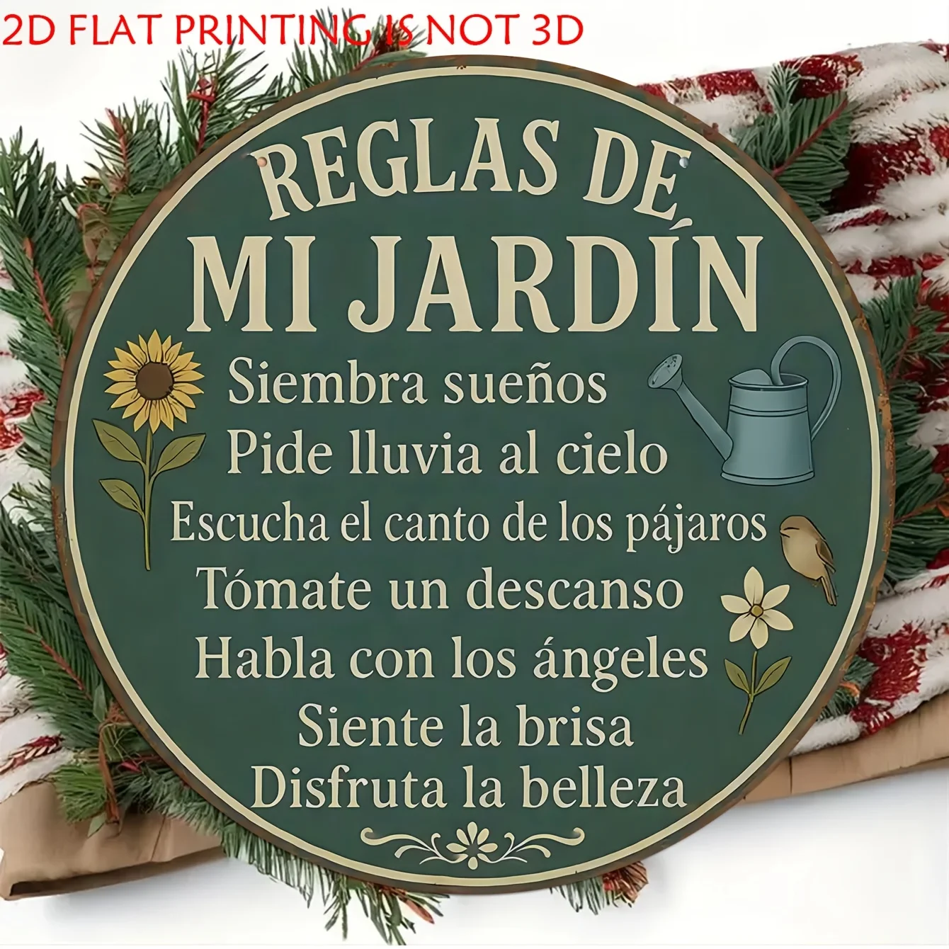 2D Flat, Vintage Spanish Garden Rules Sign - Cottagecore Wall Decor with Spanish Phrase Suitable for Outdoor/Indoor, Artificial