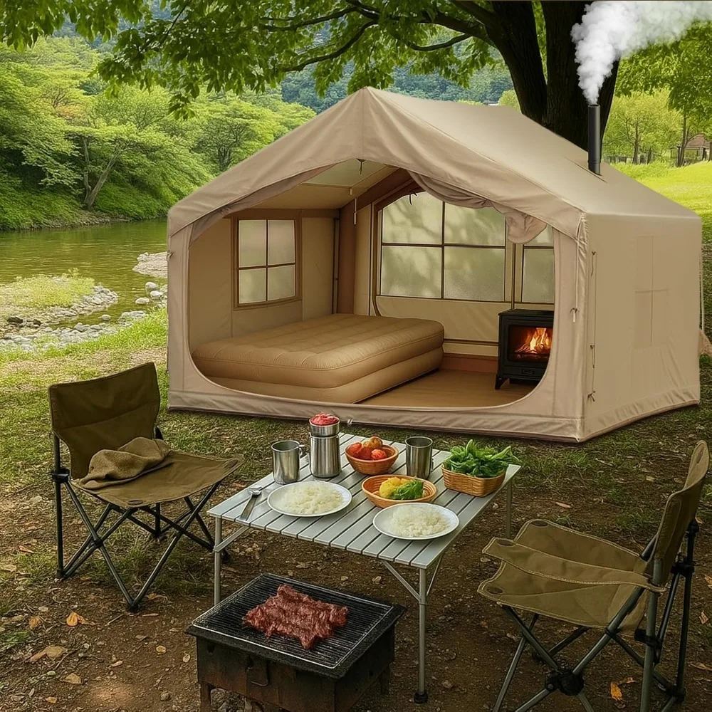 

10' x 8' inflatable tent for camping, 6-8 people blow up tent, 4 season inflatable house with stove jack, waterproof portable