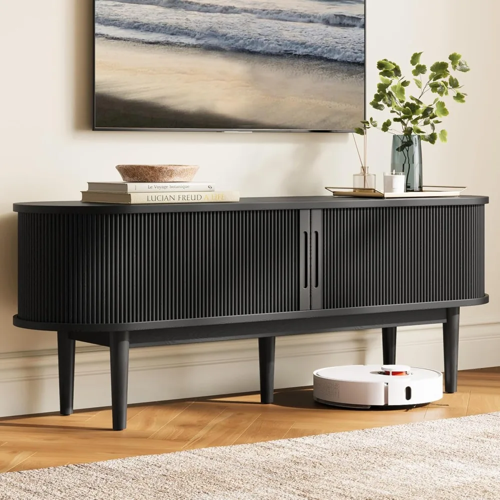 

HOME Fluted TV Stand for 65 TV, Mid-Century Modern Wood Entertainment Center with Sliding Tambour Door and Storage Cabinet