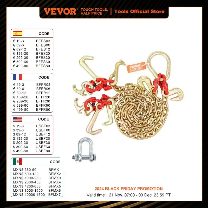 VEVOR G80 V Towing Binder Chain with R/T/J Hook & Grab Hooks Transport Tow Bridle Chain for Flatbed Truck Wrecker Recovery